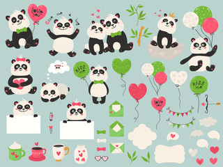 Big set with cute panda bears, balloons and other items