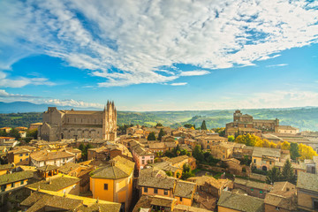 Orvieto medieval town and Duomo cathedral church aerial view. Italy