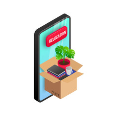 Home furniture, personal items in box on smartphone screen isometric isolated on whte background. 3D relocation service, transport company, moving to new house or office concept. Vector illustration