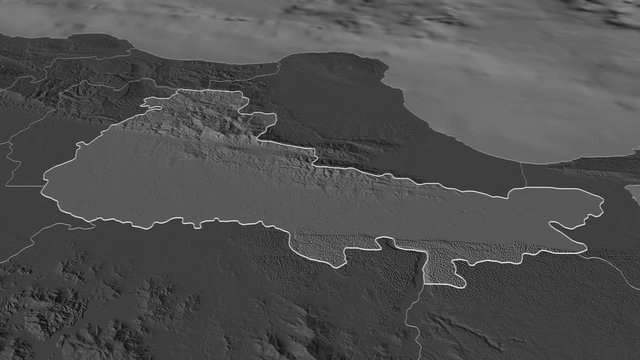 Duarte, province with its capital, zoomed and extruded on the bilevel map of Dominican Republic in the conformal Stereographic projection. Animation 3D