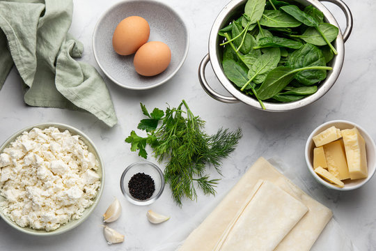 Ingredients For Feta Cheese And Spinach Filo Pastry Pie