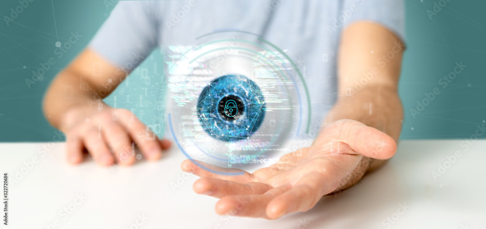 Poster businessman holding a visual recognition eye concept with data - 3d rendering