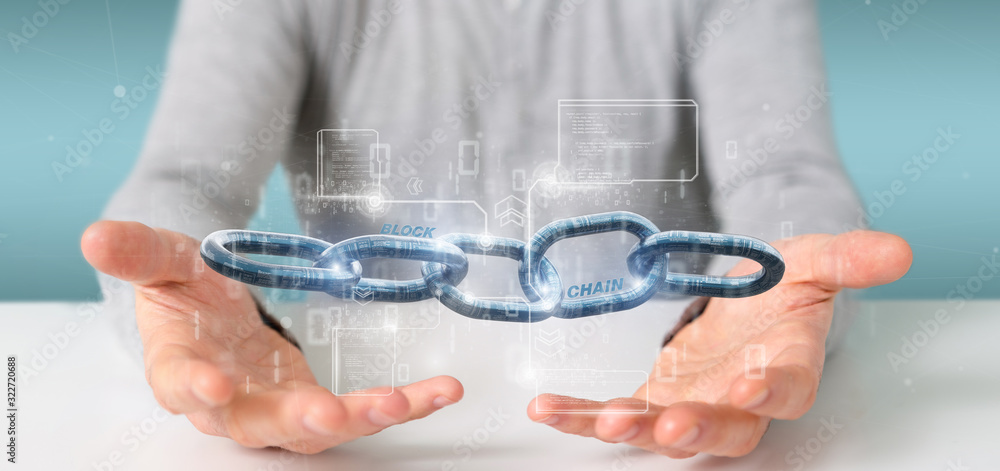 Poster businessman holding a virtual blockcahin with data - 3d rendering