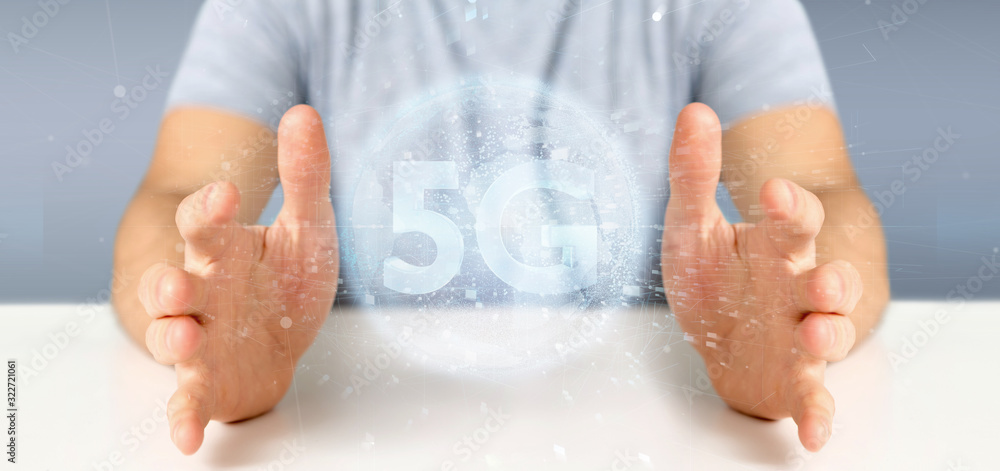 Poster businessman holding a 5g connection with data surrounding - 3d rendering