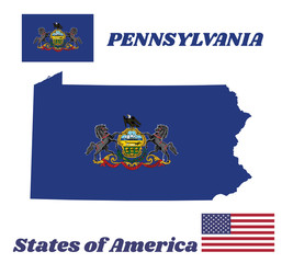 Map outline and flag of Pennsylvania and the state name. Coat of arms of Pennsylvania on blue field. The state of America.
