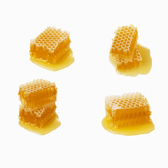 Isolated honey. Four honeycomb pieces isolated on white background, package design element.