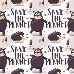 Seamlaee cute wild animal vector pattern with hedgehogs, bears, leaves, plants, mushrooms and graphic elements