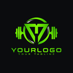 Obraz premium M Initial letter fitness logo in triangle shape combined with dumbbell