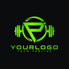 P Initial letter fitness logo in triangle shape combined with dumbbell