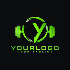 Y Initial letter fitness logo in triangle shape combined with dumbbell