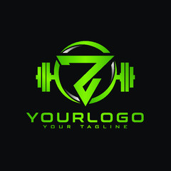 Z Initial letter fitness logo in triangle shape combined with dumbbell