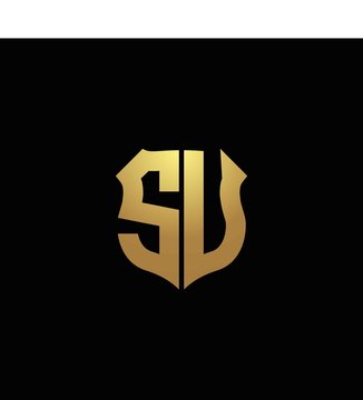 SU logo monogram with gold colors and shield shape design template