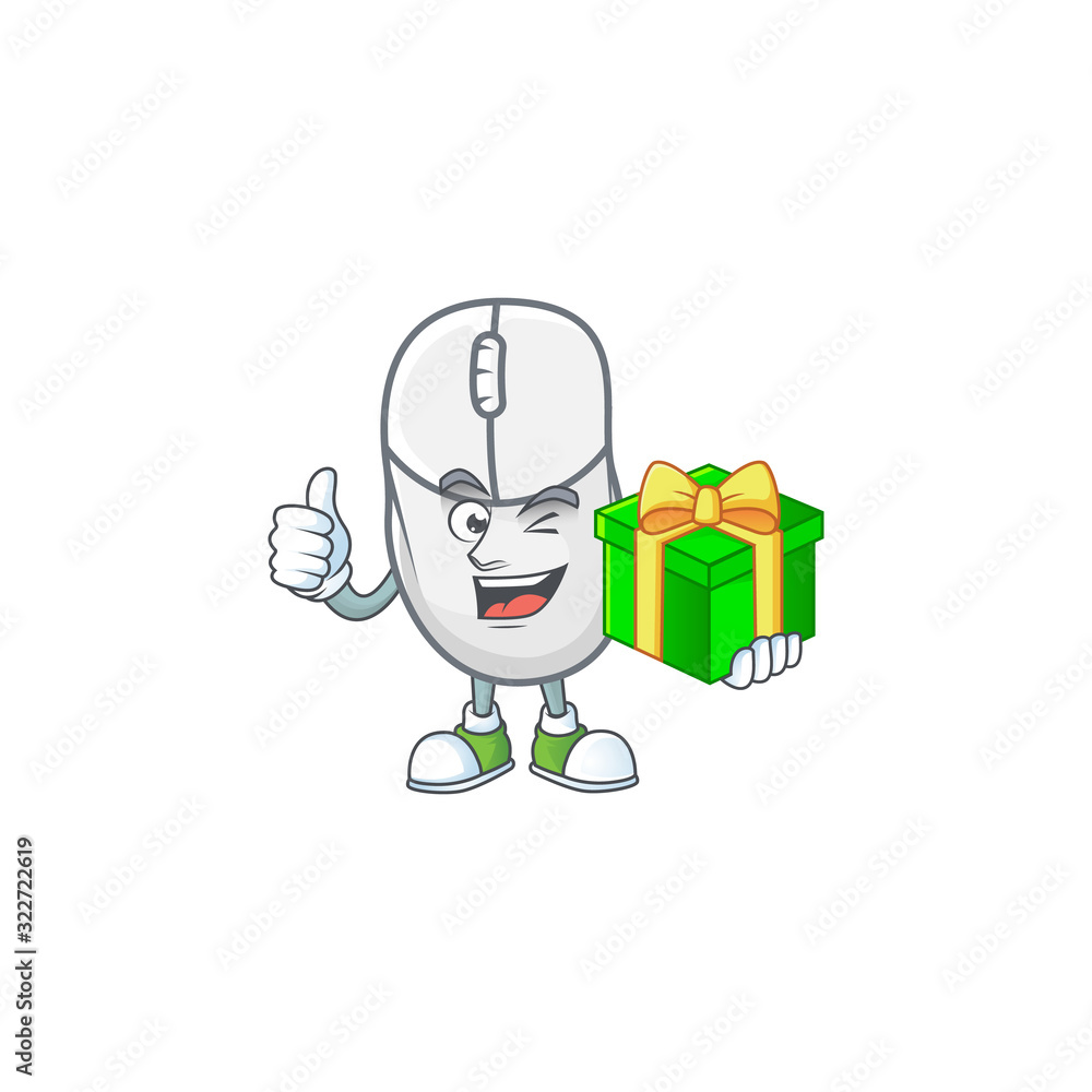 Sticker Cute white mouse character holding a gift box