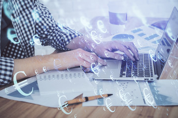 Multi exposure of stock market chart with man working on computer on background. Concept of...