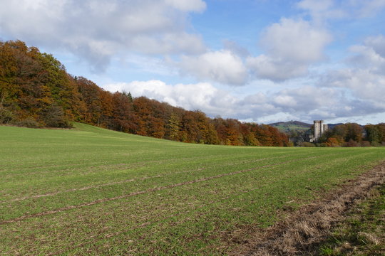 Herbstliche Landschaften in der Vulkaneifel mit Kasselburg im Hintergrund