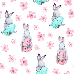 Cute watercolor Easter pattern. Hand drawn seamless texture with white rabbits, pink flowers and colored eggs. Stylish cute easter background. 
