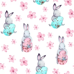 Foto auf Acrylglas Niedliches Aquarell Ostern-Muster. Handgezeichnete nahtlose Textur mit weißen Kaninchen, rosa Blumen und farbigen Eiern. Stilvoller süßer Ostern-Hintergrund. © Tatiana 