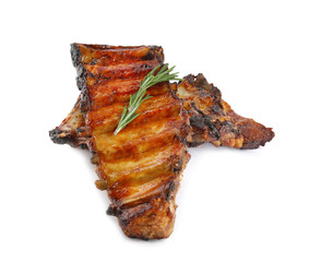 Tasty grilled ribs with rosemary isolated on white