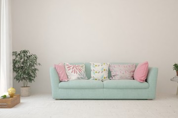 Stylish room in white color with sofa. Scandinavian interior design. 3D illustration