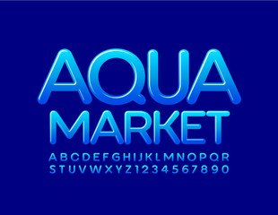Vector blue logo Aqua Market. Bright Glossy Font. Artistic Alphabet Letters and Numbers.