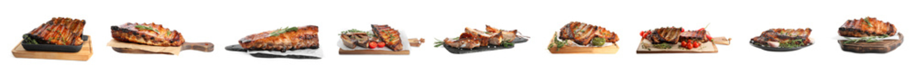 Set of delicious roasted ribs on white background. Banner design