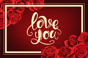 Love you elegant vintage frame invitation with red rose flower bouquets