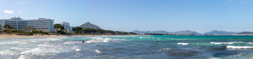 Panoramic view of the Bay of Alcudia with crystal clear waters in north part of Mallorca. Spain