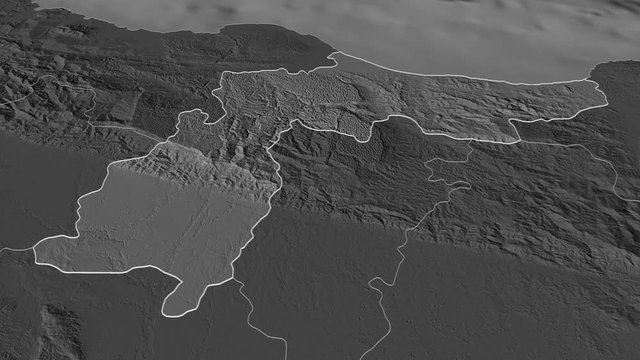 Espaillat, province with its capital, zoomed and extruded on the bilevel map of Dominican Republic in the conformal Stereographic projection. Animation 3D