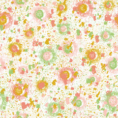Fototapeta na wymiar Seamless abstract vector pattern with scattered shapes and lines in pink yellow green on white background. Fun deconstructed floral surface design in girly colors. Great for modern fabrics.