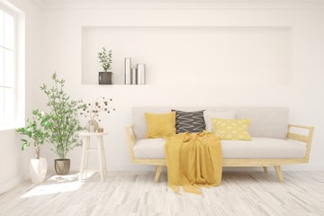 Stylish room in white color with sofa. Scandinavian interior design. 3D illustration
