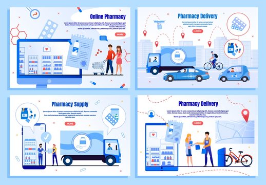Modern Pharmacy Store Delivery Services Trendy Flat Vector Web Banners, Landing Pages Set. Customers Ordering Pharmaceutical Goods in Online, Deliveryman or Supplier Gives Order to Client Illustration