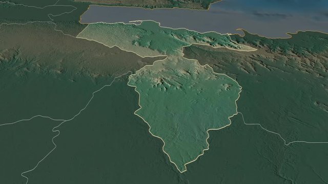 Hato Mayor, province with its capital, zoomed and extruded on the relief map of Dominican Republic in the conformal Stereographic projection. Animation 3D