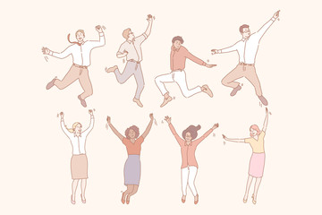 Jumping business people set. International diversity in cartoon style. Illustration of isolated jumping friends business men and women. Bundle of students dancing because of winning. Simple vector