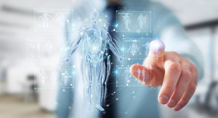 Man using digital x-ray human body holographic scan projection 3D rendering