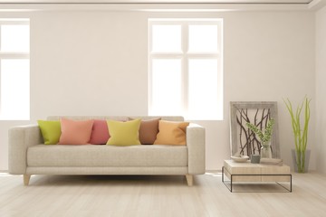 Stylish room in white color with sofa. Scandinavian interior design. 3D illustration