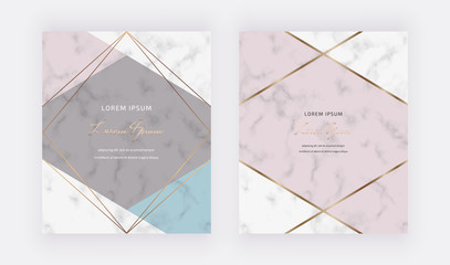 Geometric cover design with pink triangular shapes, golden lines on the marble texture. Modern template for banner, card, flyer, invitation, brochure.