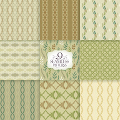 Ornate floral leaves patterns set, vector seamless natural backgrounds