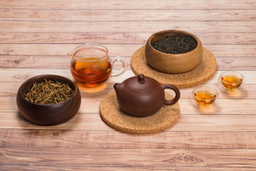 Close-up chinese tea ceremony on aged wooden table.