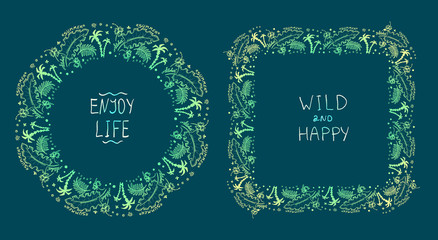 Tropical style frames decorated palm and sea elements