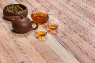 Close-up chinese tea ceremony with tea set and wooden bowl