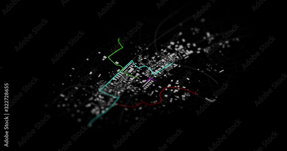 Poster 3d rendering city map with gps navigator and different color route waypoint over the dark background