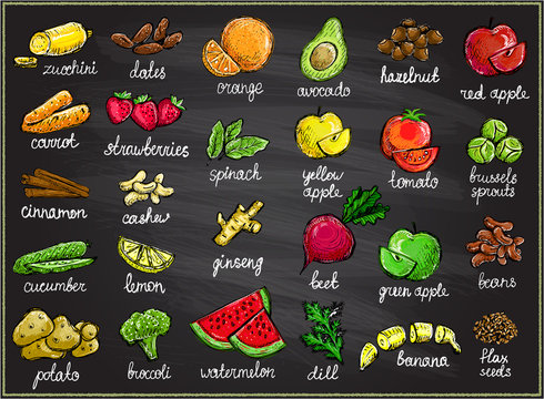 Raw fruits and vegetables graphic set on a chalkboard, hand drawn sketch illustration