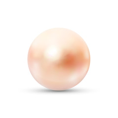 Realistic pink pearl with glares and reflection on white