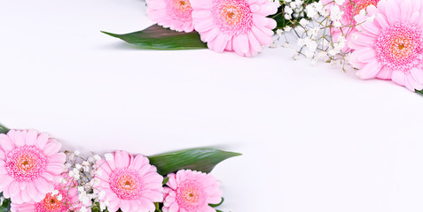 Bouquet of pink gerberas on a white background. Celebration of Women's Day and Mother's Day. Free space for text.