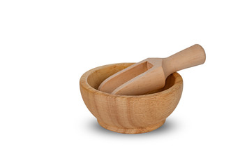 wooden bowl and scoop on white background