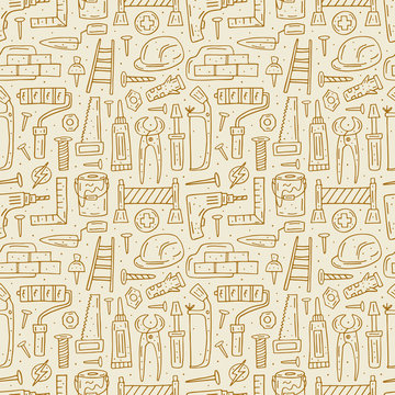 Home repair tools, instruments cartoon cute hand drawn doodle vector seamless pattern, texture, backdrop. Funny monochrome design. Isolated on background. Building decorative design elements.  