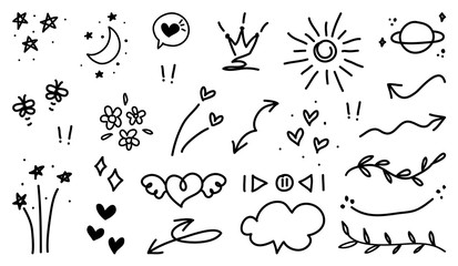 Obraz premium Cute doodle collection with arrows, love, kids, toys hand drawn, minimal hand doodle design element vector illustration.