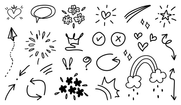 Cute doodle collection with arrows, love, kids, toys hand drawn, minimal hand doodle design element vector illustration.