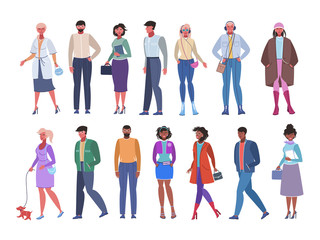 A group of people standing on a white background in different clothes and poses. Vector illustration