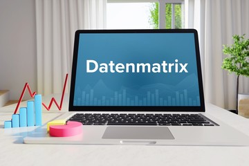 Datenmatrix – Business/Statistik. Laptop im Büro mit Begriff auf dem Monitor. Finanzen/Wirtschaft.